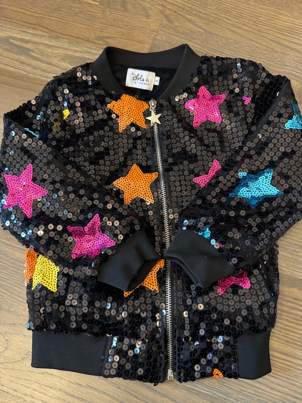 Lola and The Boys Black Sequin Star Bomber Jacket - 4T